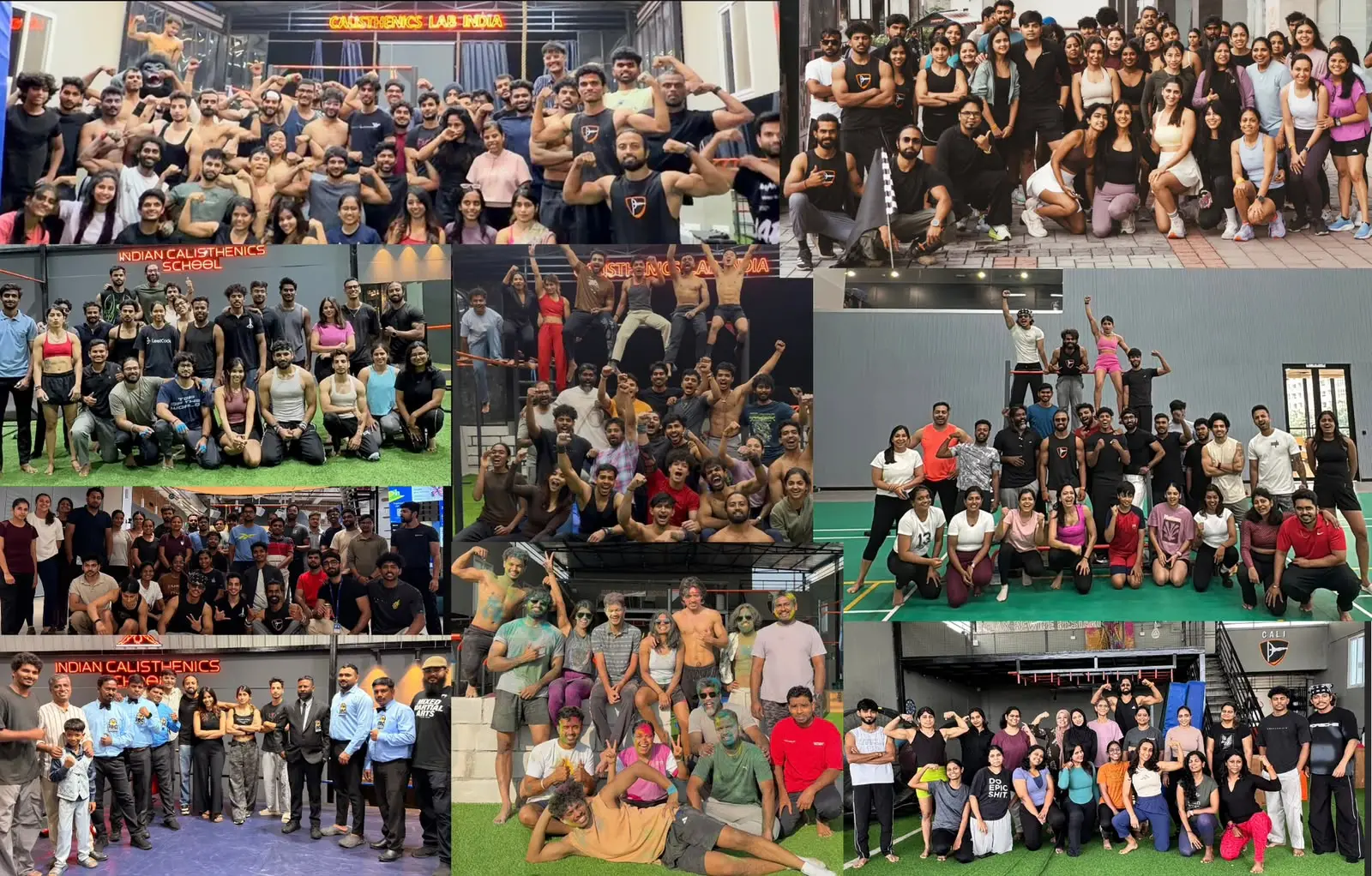 Collage of Calisthenics Lab India community group photos from training sessions in Hyderabad