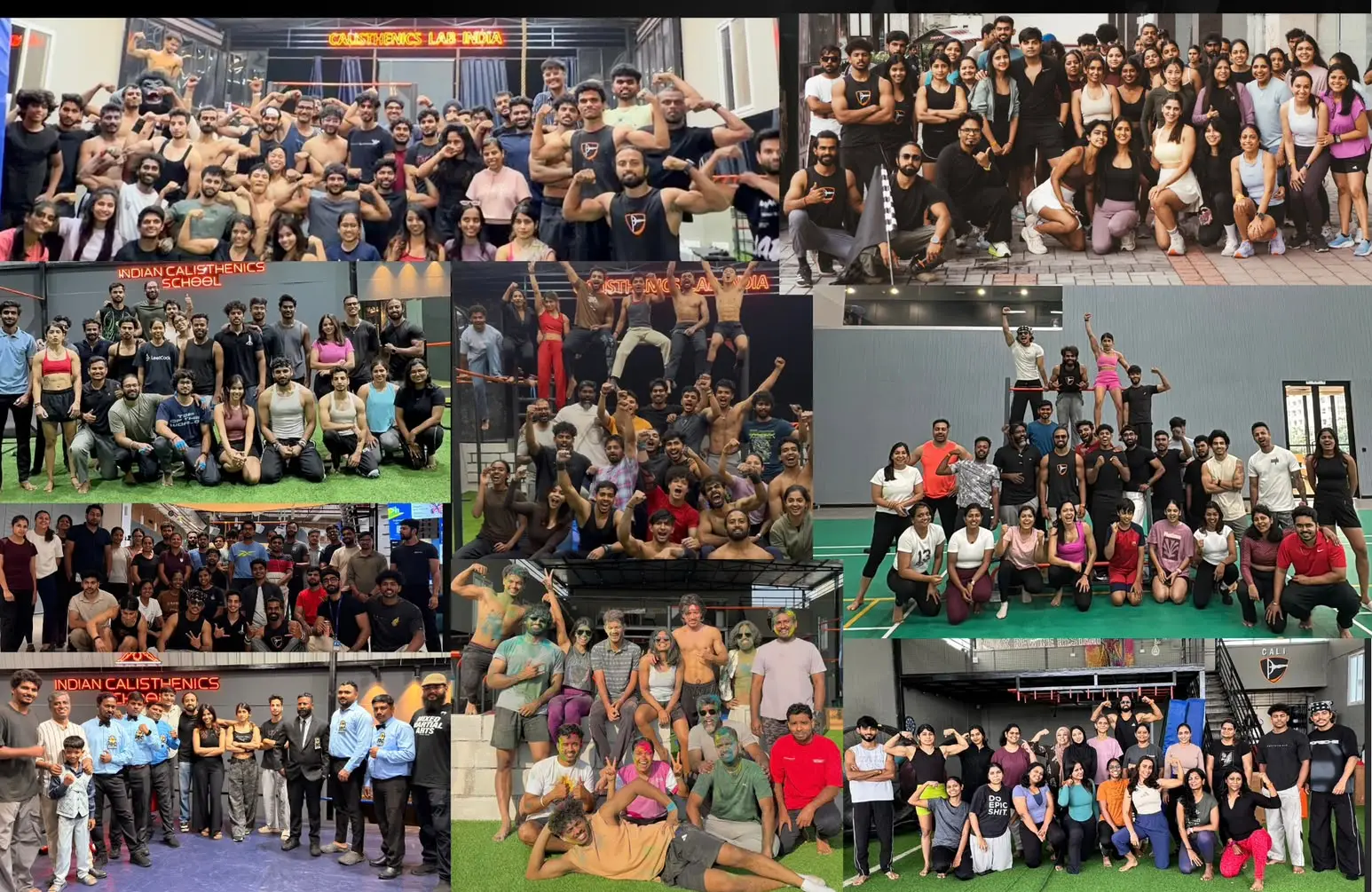 Collage of group photos from Calisthenics Lab India sessions and community events